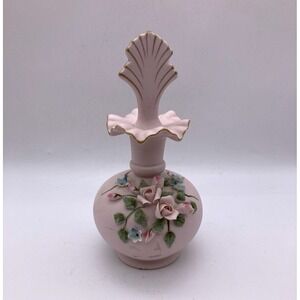 Vintage Lefton Pink Bisque Porcelain Perfume Bottle Applied Roses Gold Trim 1950